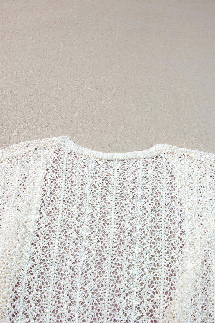 White Stylish Hollow Out Knit Drop Shoulder Cardigan