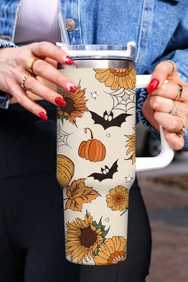 White Halloween Pattern Print Handled Stainless Steel Vacuum Cup 40oz