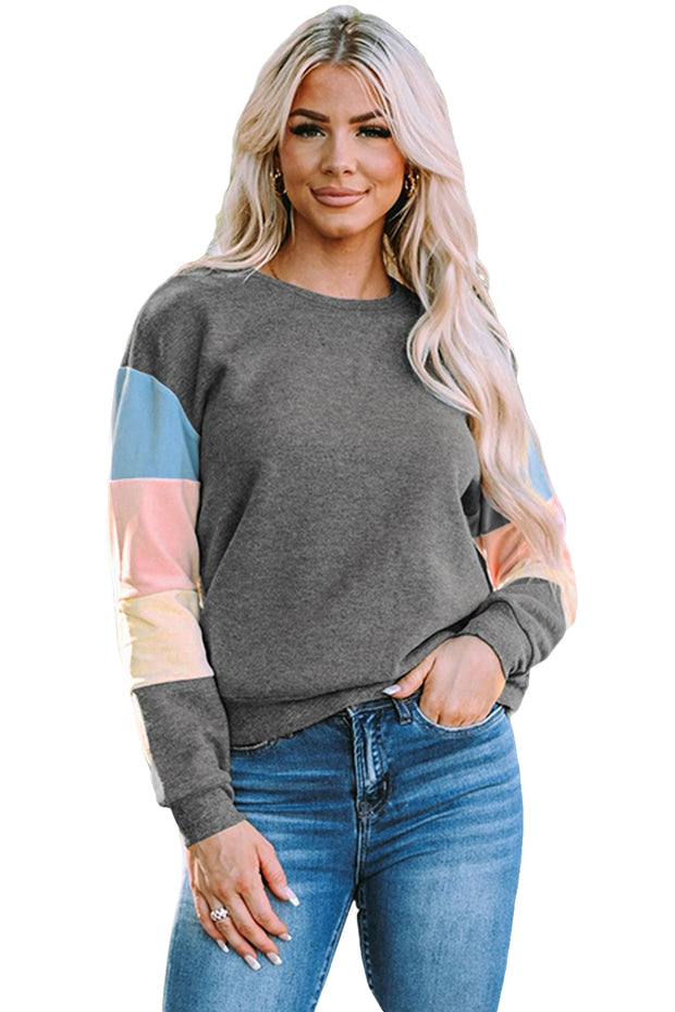 Gray Colorblock Long Sleeve Pullover Sweatshirt