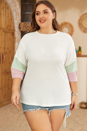 White Textured Colorblock Patchwork Half Sleeve Plus T Shirt