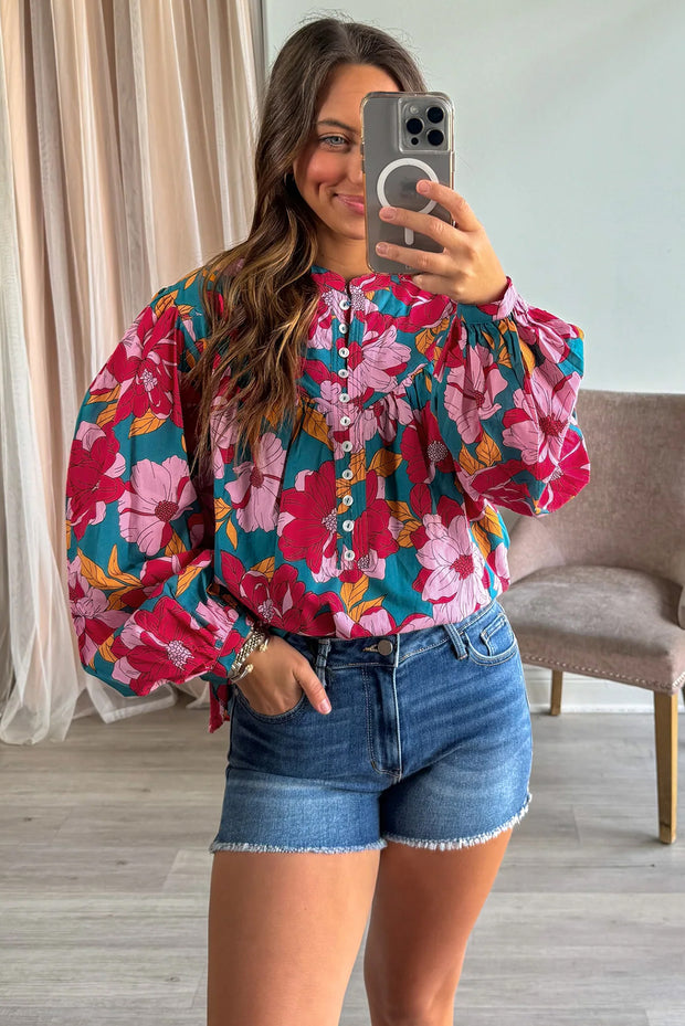 Red Floral Printed Balloon Sleeve Half Buttons Blouse