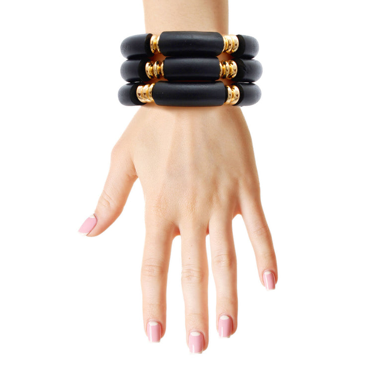 Black Wood Tube Stretch Bangle Set