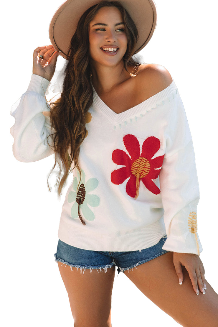 White Big Flower Pattern V Neck Drop Shoulder Sweater