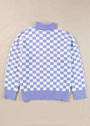 Purple Checkered Collared Buttons Plus Size Sweater