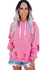 Pink Solid Ripped Hooded Sweatshirt with Kangaroo Pocket