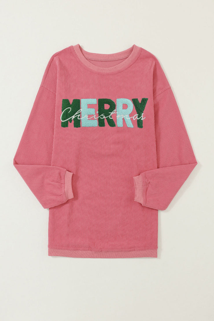 Strawberry Pink MERRY Christmas Chenille Embroidered Corded Sweatshirt