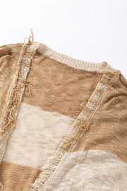 Khaki Stripe Lantern Sleeve Fringed Open Cardigan