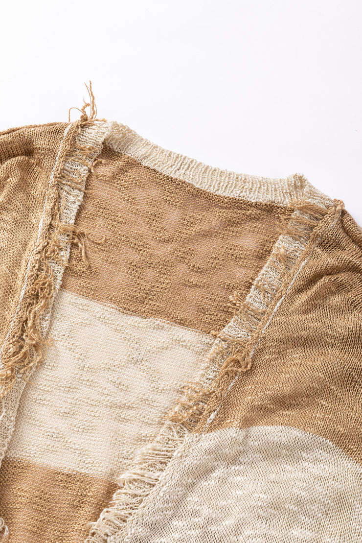 Khaki Stripe Lantern Sleeve Fringed Open Cardigan