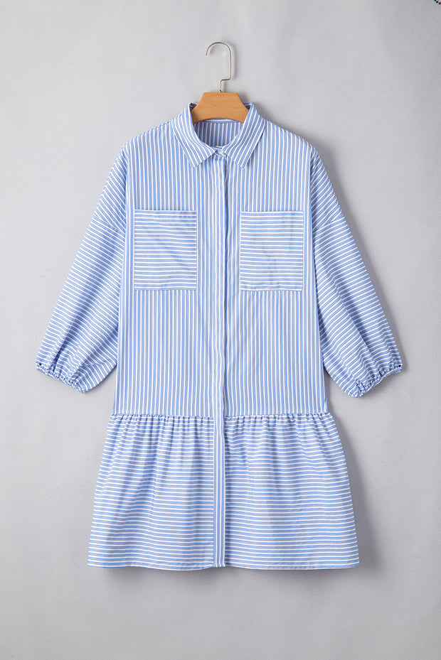 Sky Blue Stripe Bubble Sleeve Chest Pockets Buttoned Shirt Dress