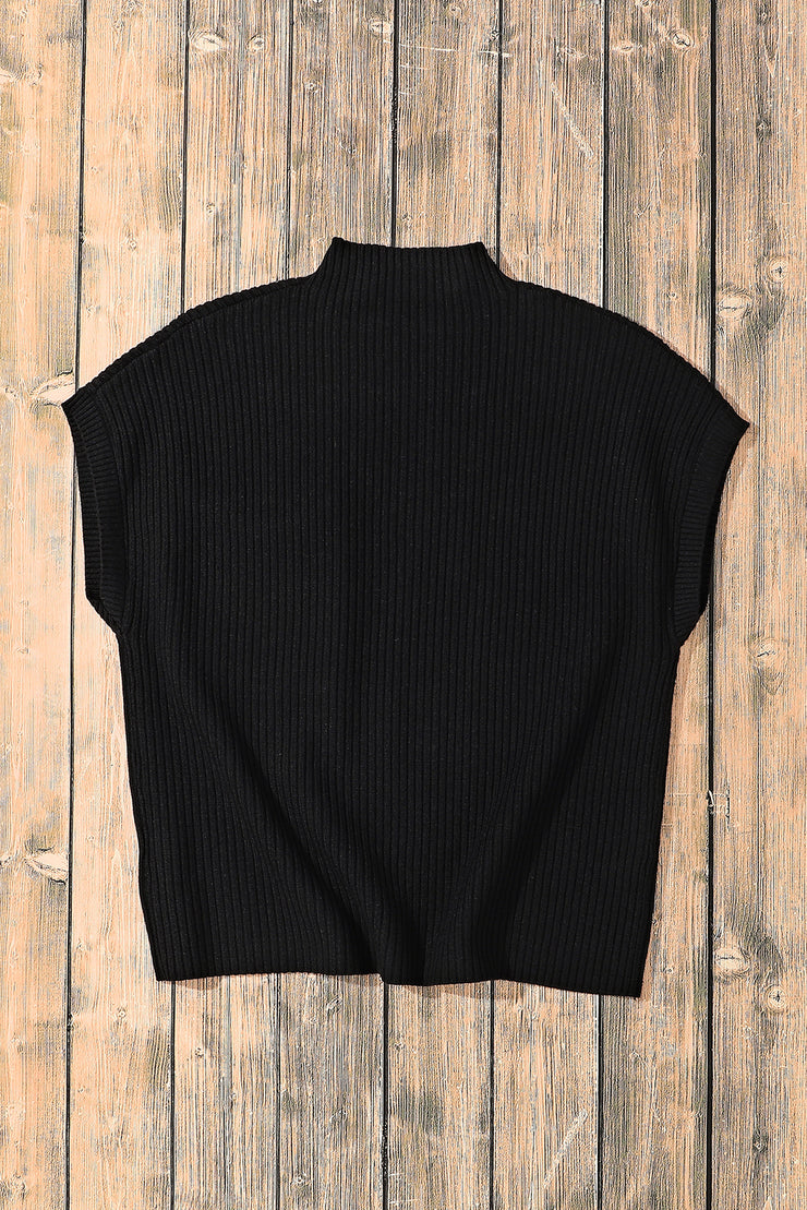 Black Patch Pocket Ribbed Knit Short Sleeve Sweater