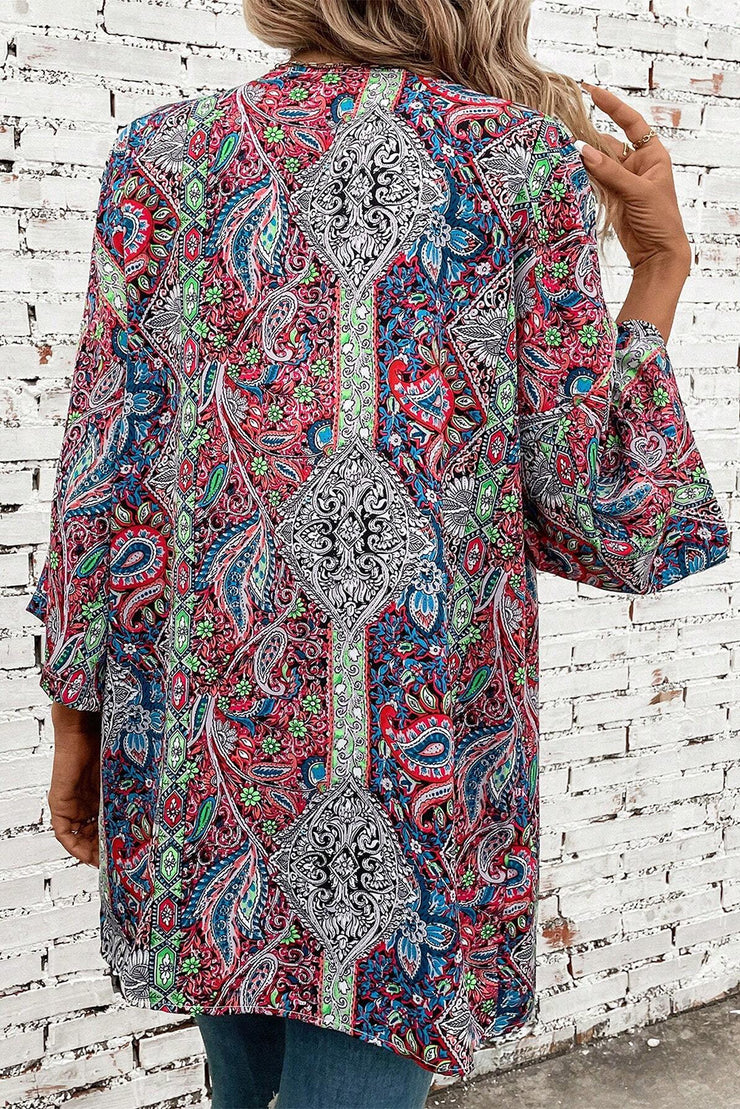 Red Paisley Print Open Front Kimono