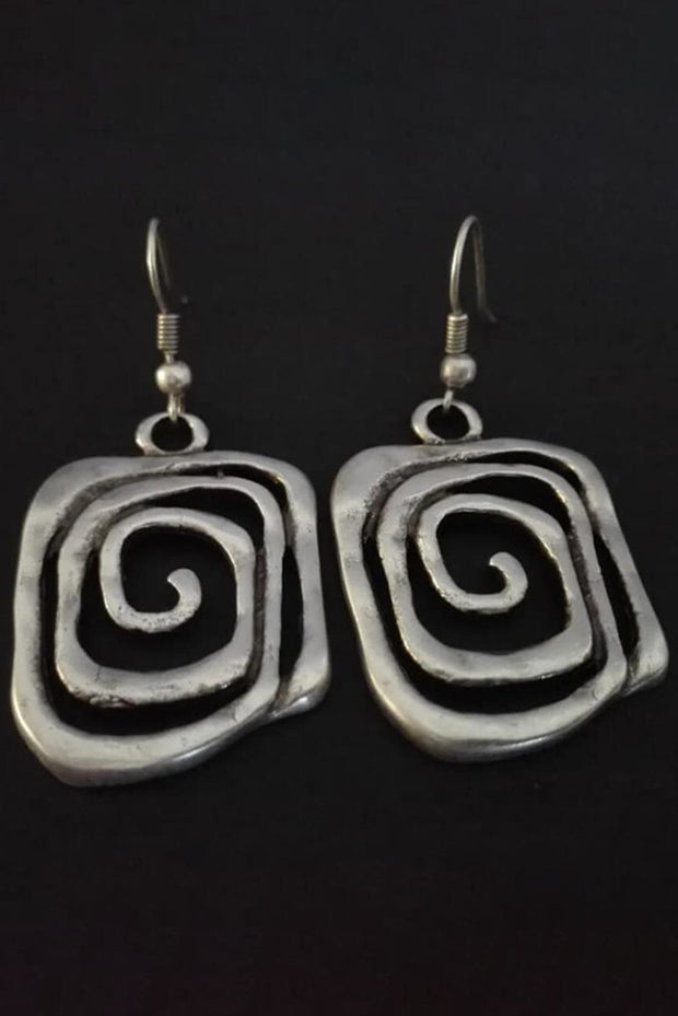 Silvery Vintage Square Swirl Hook Earrings