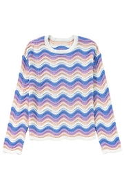 Purple Stripe Wavy Pointelle Knit Drop Shoulder Sweater