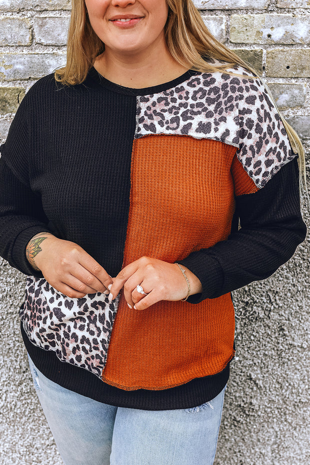 Black Orange Colorblock Leopard Patchwork Waffle Knit Plus Size Top