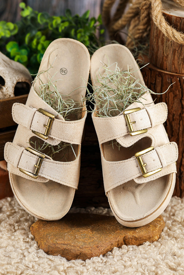 Beige Suede Buckle Decor Corky Platform Slides Shoes