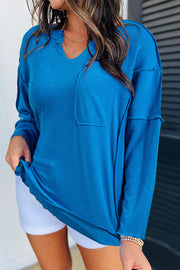 Blue Ribbed Exposed Seam Knit V Neck Long Sleeve Top