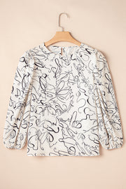 Beige Abstract Print Balloon Sleeve Crew Neck Blouse