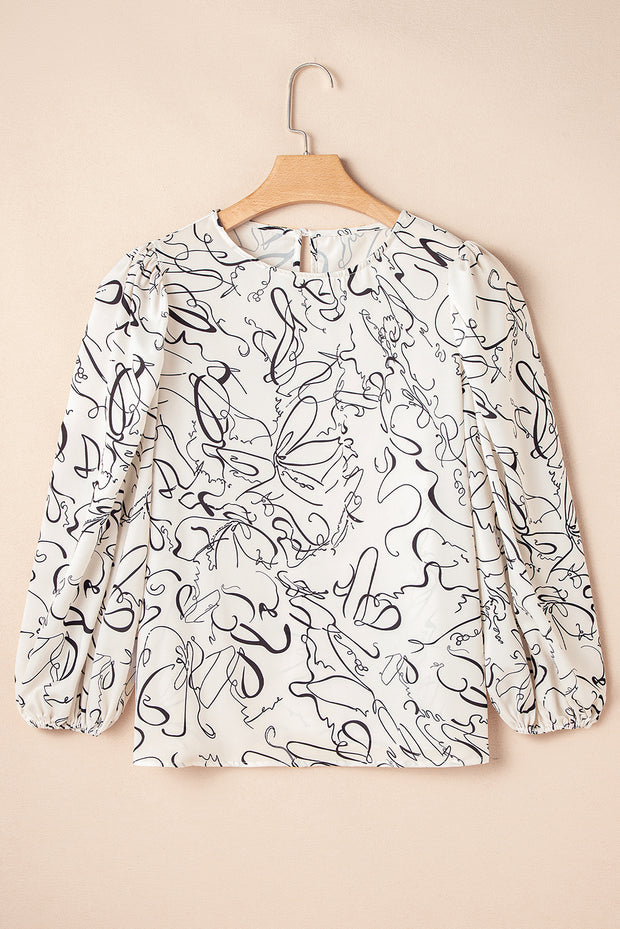 Beige Abstract Print Balloon Sleeve Crew Neck Blouse