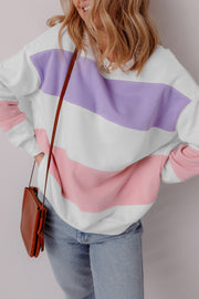 Beige Colorblock Patchwork Drop Shoulder Crewneck Sweatshirt