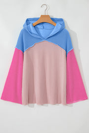 Pink Color Block Patchwork Corded Knit Loose Fit Hoodie