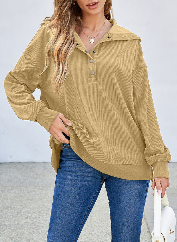 Simply Taupe Solid Ribbed Knit Buttoned Drop Shoulder Oversized Hoodie