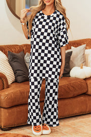 Black Checkered Print Half Sleeve Tunic Top and Flared Pants Set