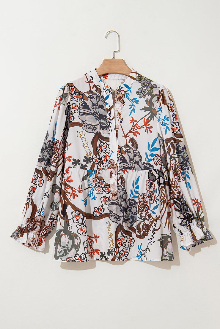 White Floral Print Balloon Sleeves Button Up Loose Casual Shirt