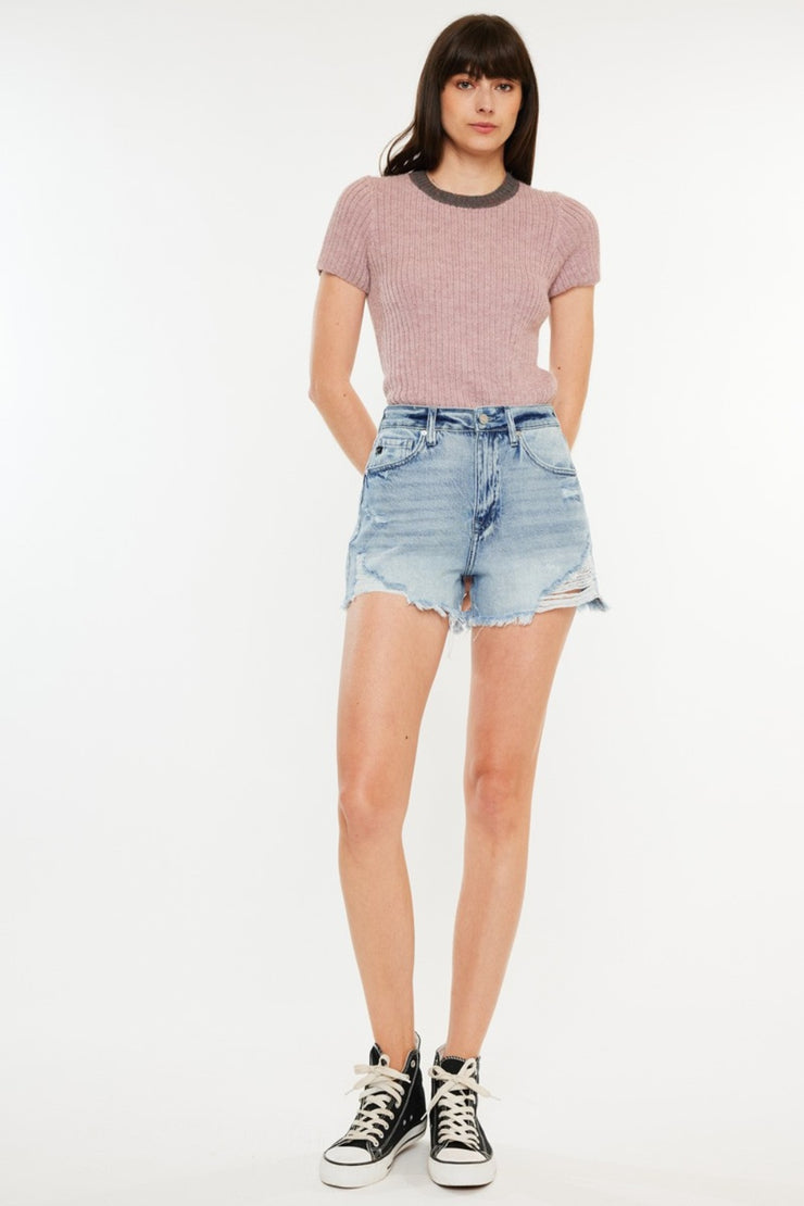 Kancan Distressed High Waist Denim Shorts with Pockets