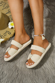 White Pearled Heart Shape Ribbed Flat Slippers