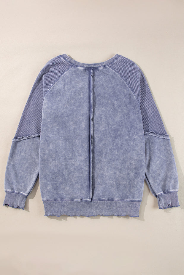 Sail Blue Solid Waffle Knit Patchwork Raglan Sleeve Sweatshirt