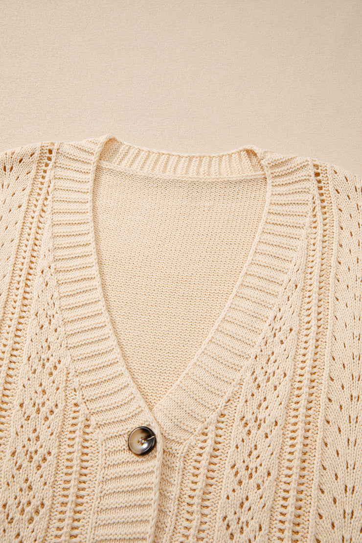 Beige Open Knit Drop Shoulder Sweater Cardigan