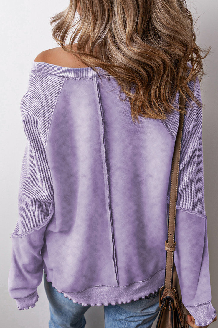 Orchid Petal Textured Patchwork Frilled Trim Plus Size Pullover Sweatshirt