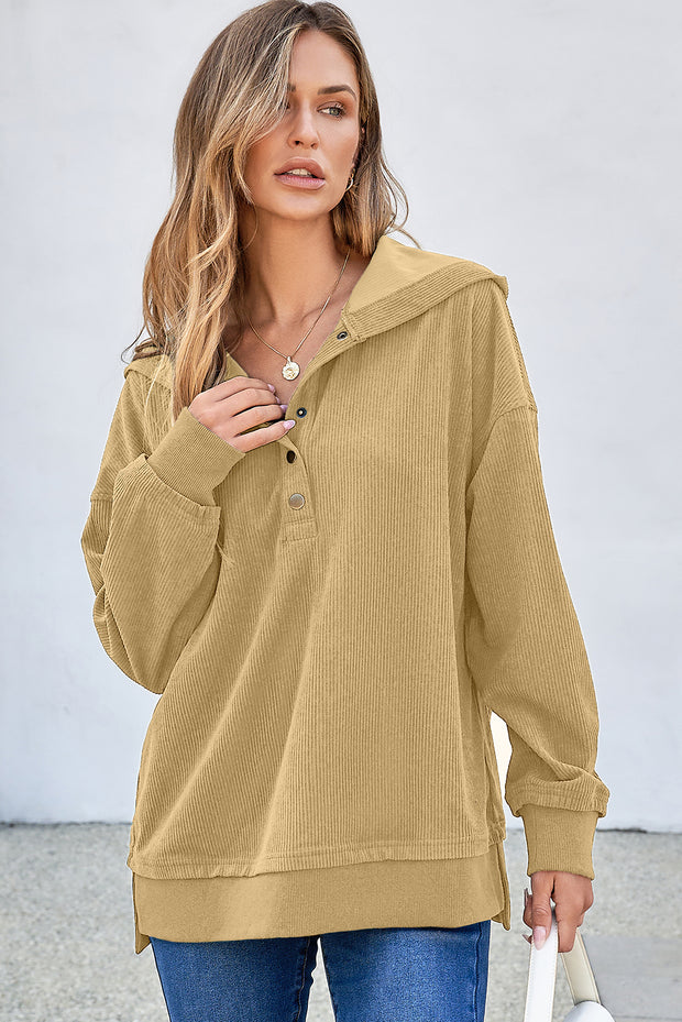 Simply Taupe Solid Ribbed Knit Buttoned Drop Shoulder Oversized Hoodie