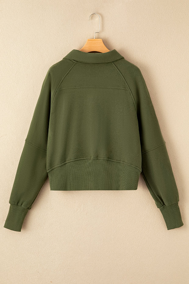 Green Fleece Lined Zip Up Stand Collar Thumbhole Sleeve Sweatshirt