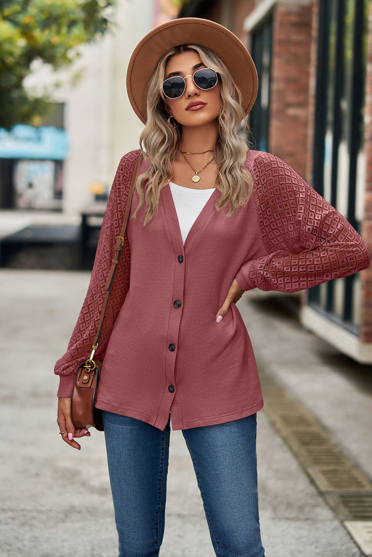 Waffled Knit Lace Long Sleeve Buttoned Cardigan