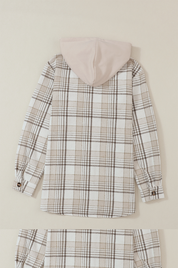 Khaki Plaid Removable Hood Buttoned Shacket