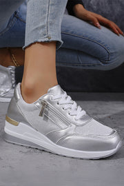 Gold PU Leather Patchwork Zipper Lace-up Sneakers