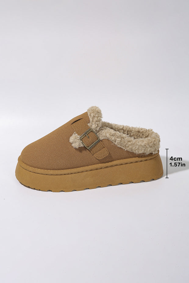 Brown Plush Patched Buckle Decor Thick Sole Thermal Slippers