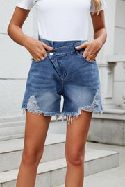 Distressed Raw Hem Asymmetric Waist Denim Shorts