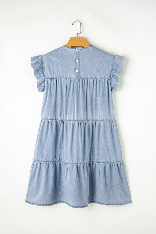 Ruffled Round Neck Cap Sleeve Denim Dress