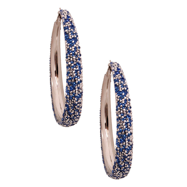 Blue Rhinestone Crusted Silver Hoops