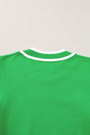 Bright Green Edge Piping Ruffled Sleeve Round Neck Knit T Shirt