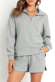 Gray Ribbed Zipper Sweatshirt and High Waist Shorts Set