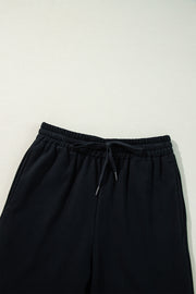 Black Solid Color Fleece Lined Drawstring Waist Casual Pants