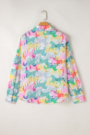 White Colorful Horse Printed Long Sleeve Button Up Casual Shirt