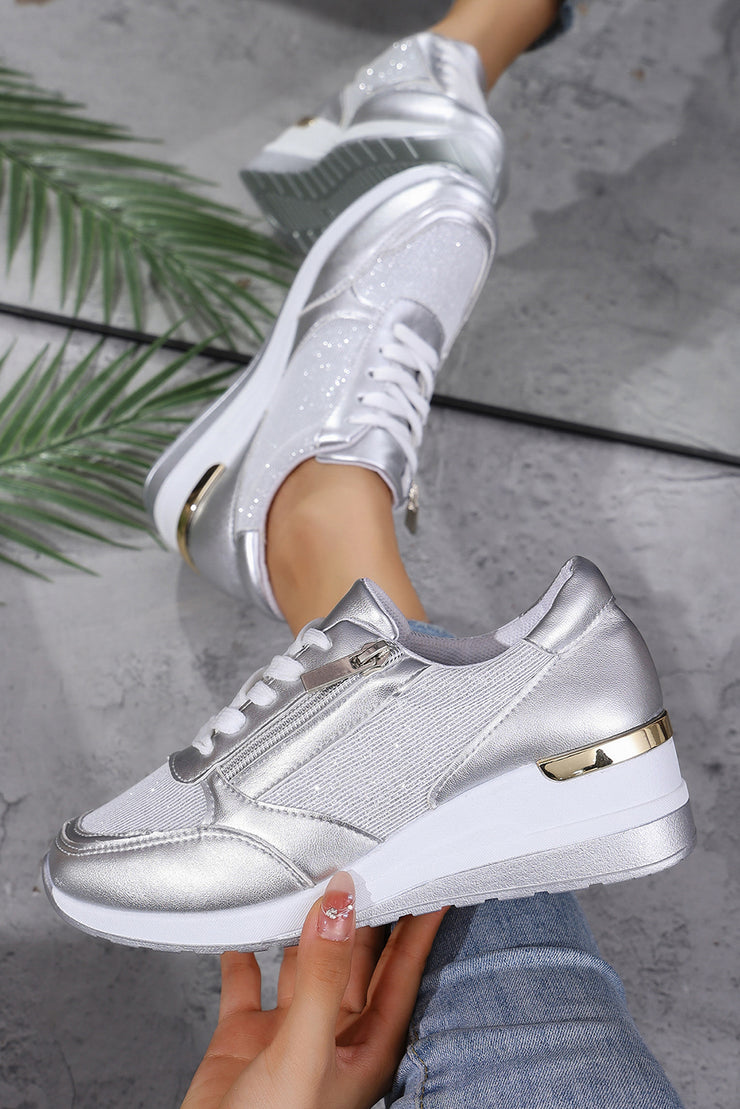 Gold PU Leather Patchwork Zipper Lace-up Sneakers