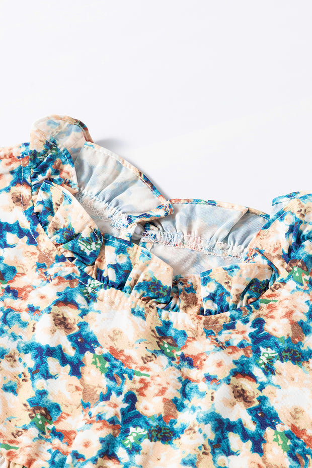 Sky Blue Floral Print Frilled Mock Neck Puff Sleeve Blouse