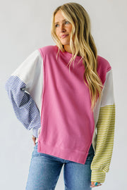 Sachet Pink Exposed Seam Striped Color Block Patchwork Long Sleeve Top