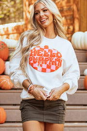 White Terry Halloween Pumpkin Patched Pattern Pullover Sweatshirt