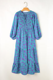 Sky Blue Abstract Print Puff Sleeve Tied Notched Neck Long Dress